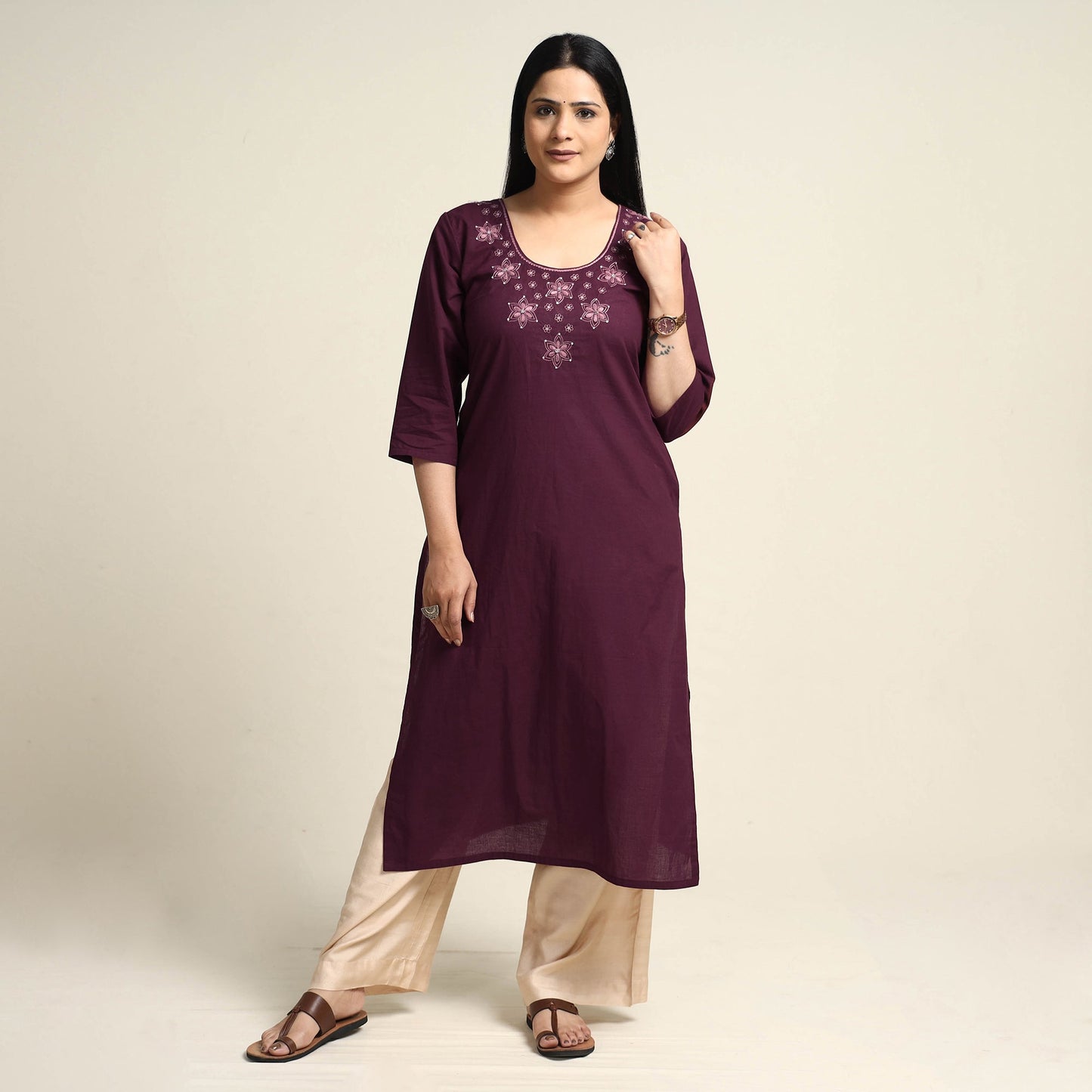 Plain Dyed Hand Embroidery Cotton Long Kurta