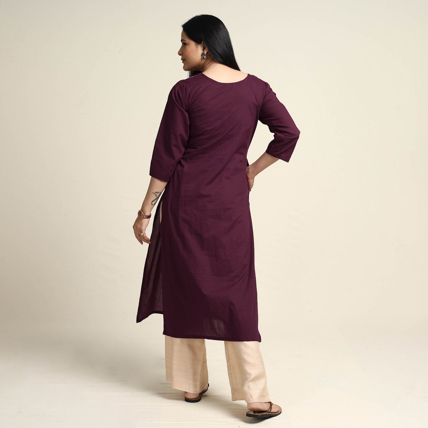 Plain Dyed Hand Embroidery Cotton Long Kurta