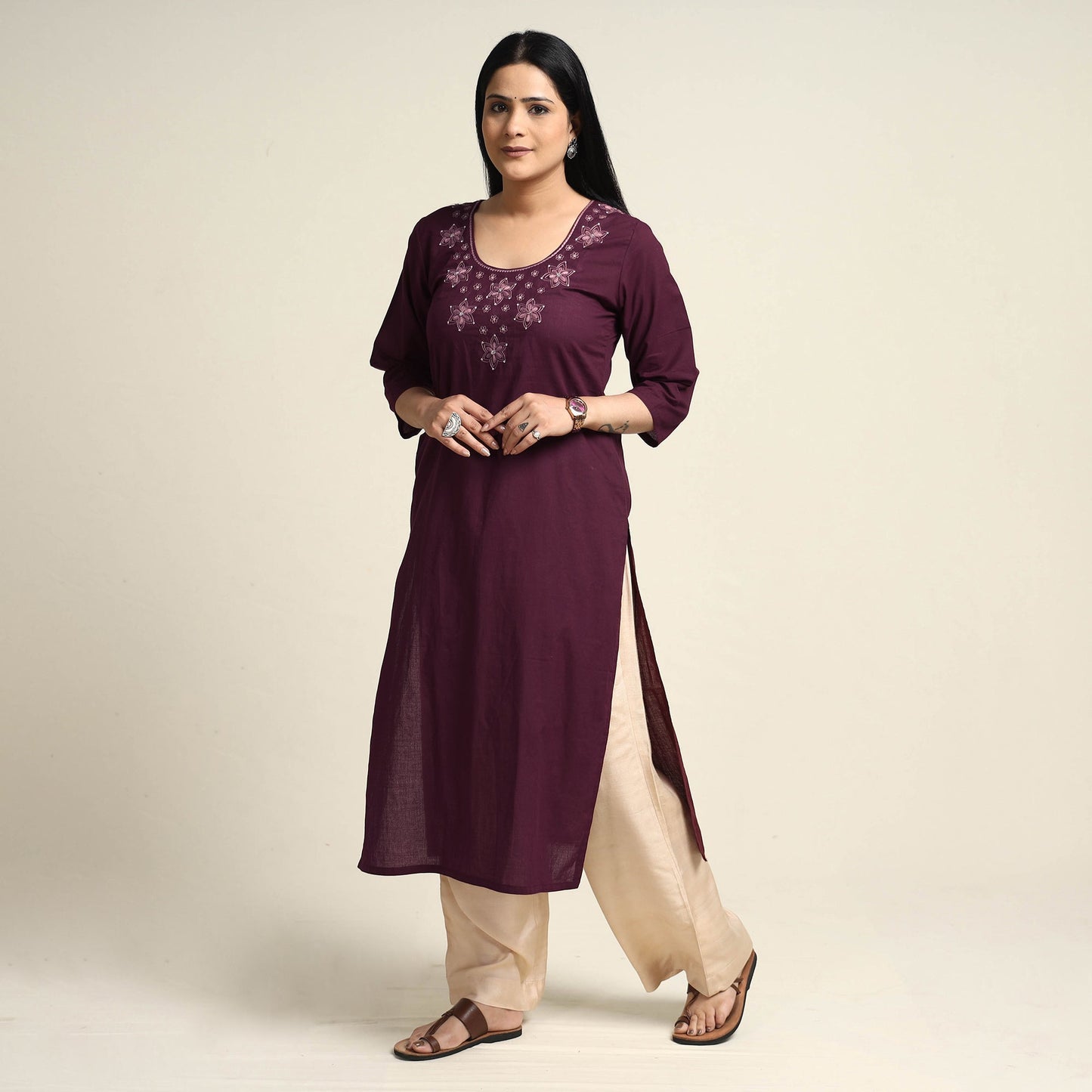 Plain Dyed Hand Embroidery Cotton Long Kurta