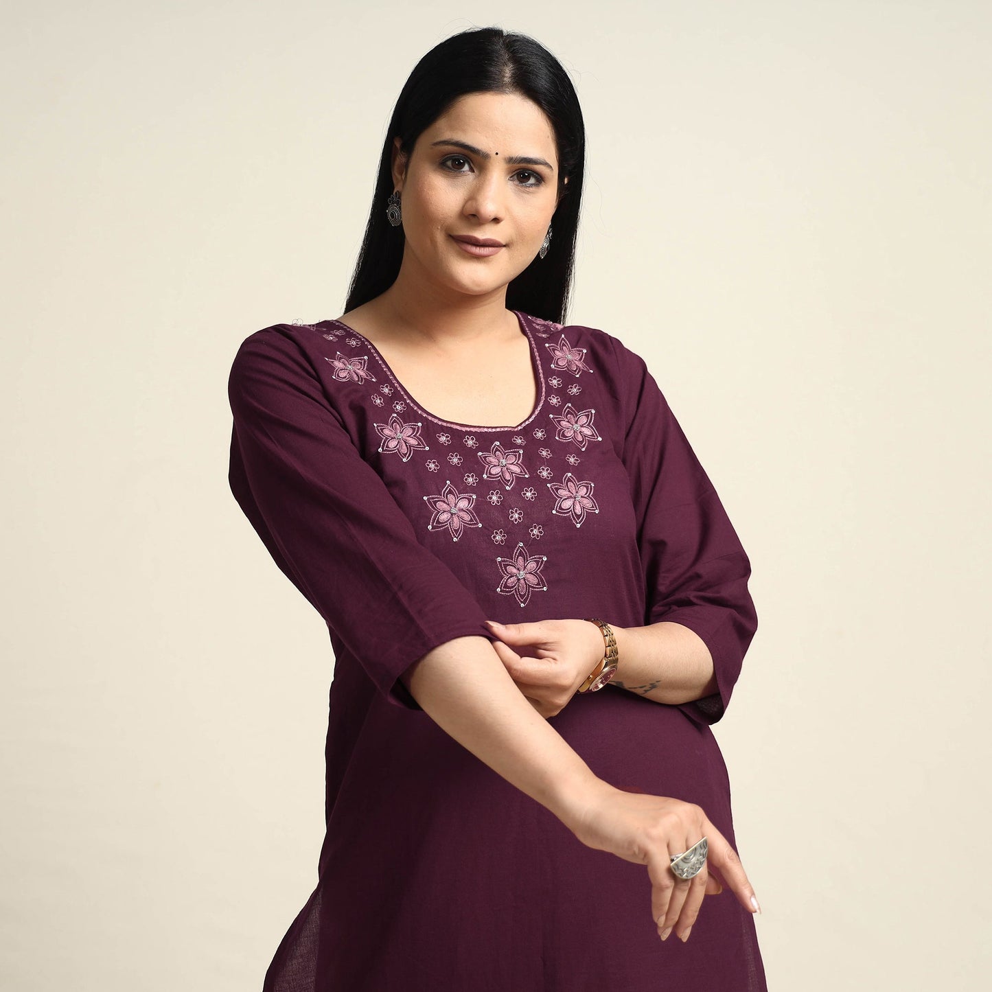 Plain Dyed Hand Embroidery Cotton Long Kurta