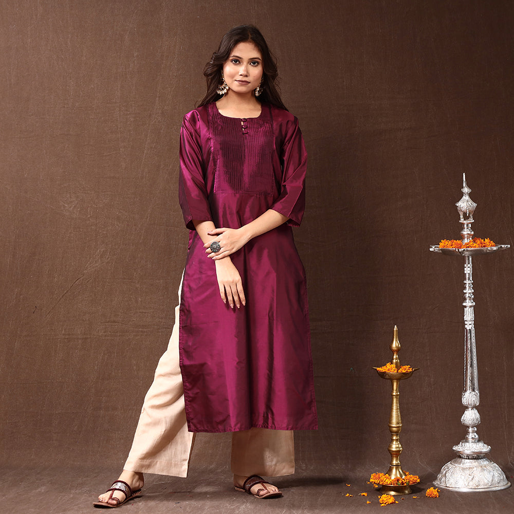 Pintuck Pure Silk Plain Kurta