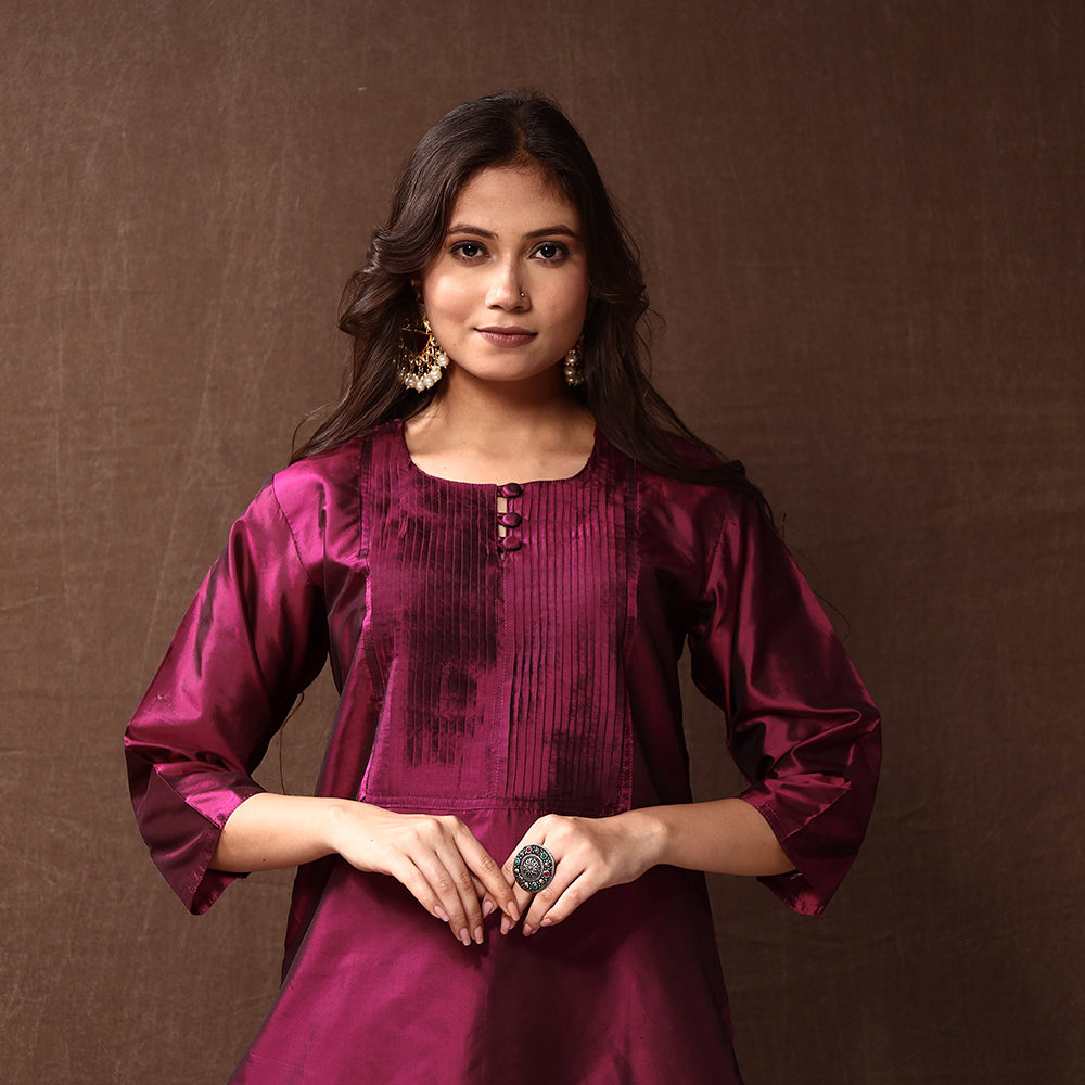 Pintuck Pure Silk Plain Kurta