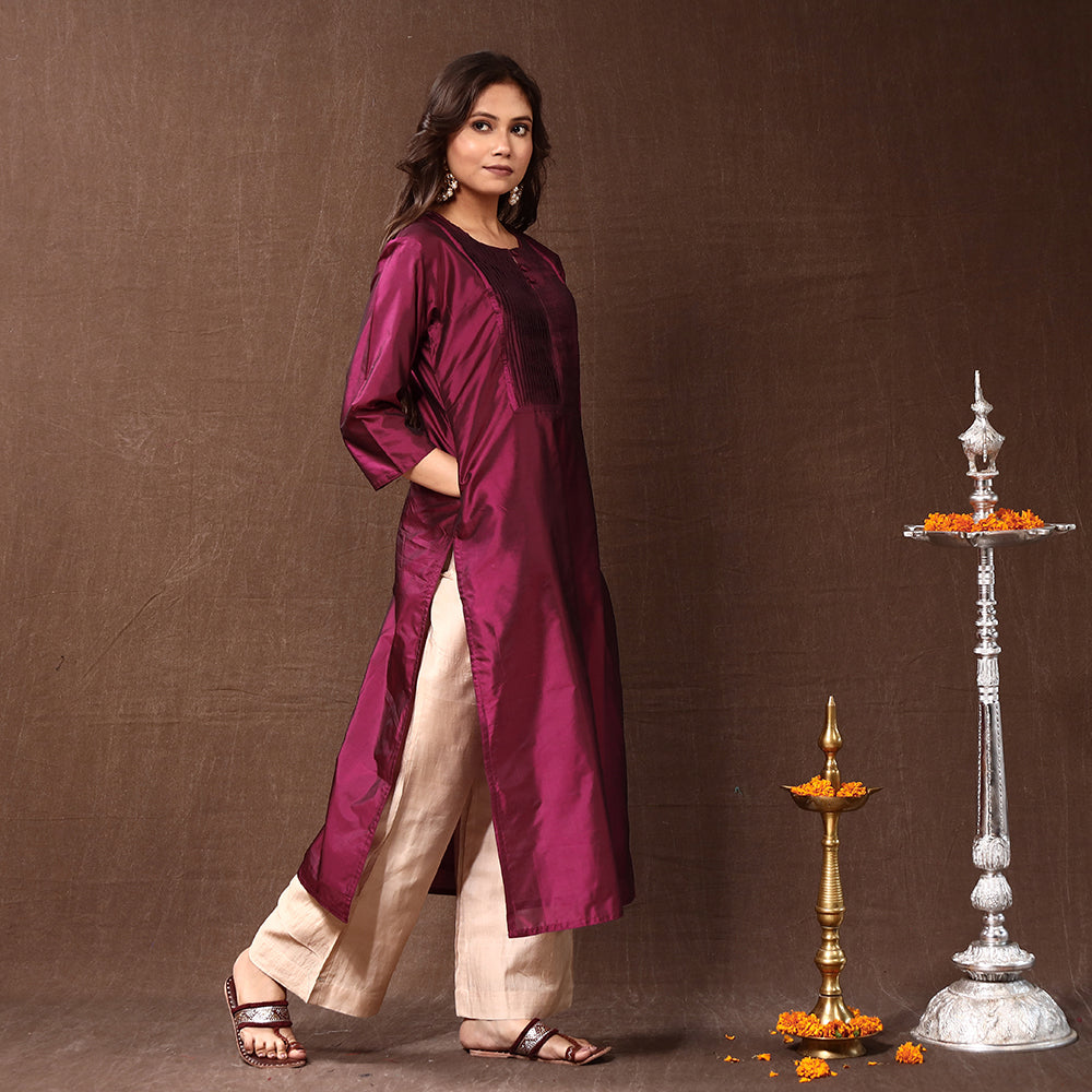 Pintuck Pure Silk Plain Kurta