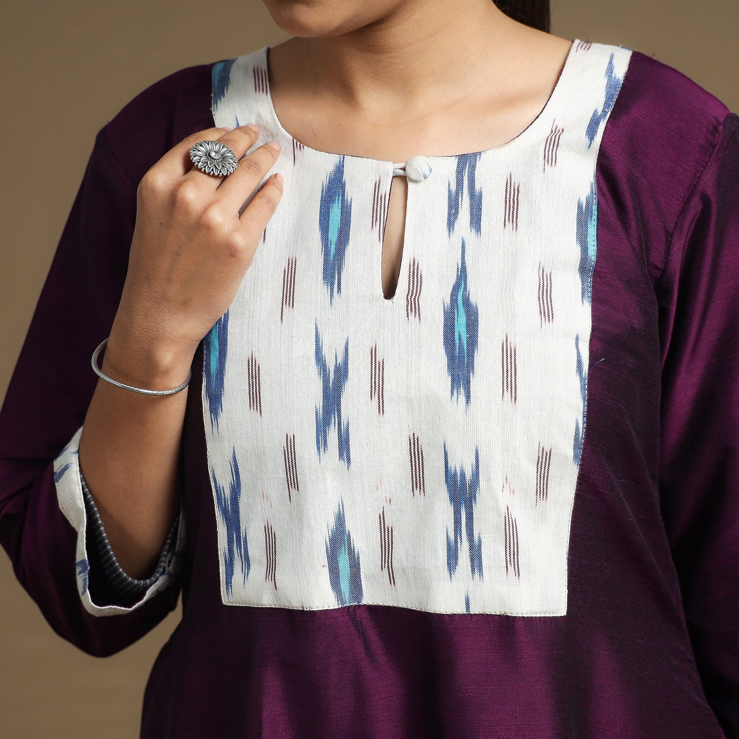 Buy Plain Slub Silk Kurta with Ikat Patchwork Online at iTokri.com