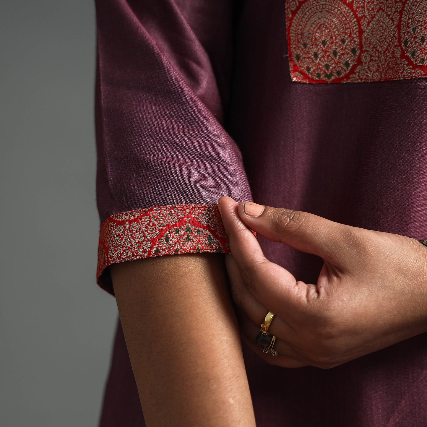 Dark purple - plain tussar silk handloom banarasi patchwork