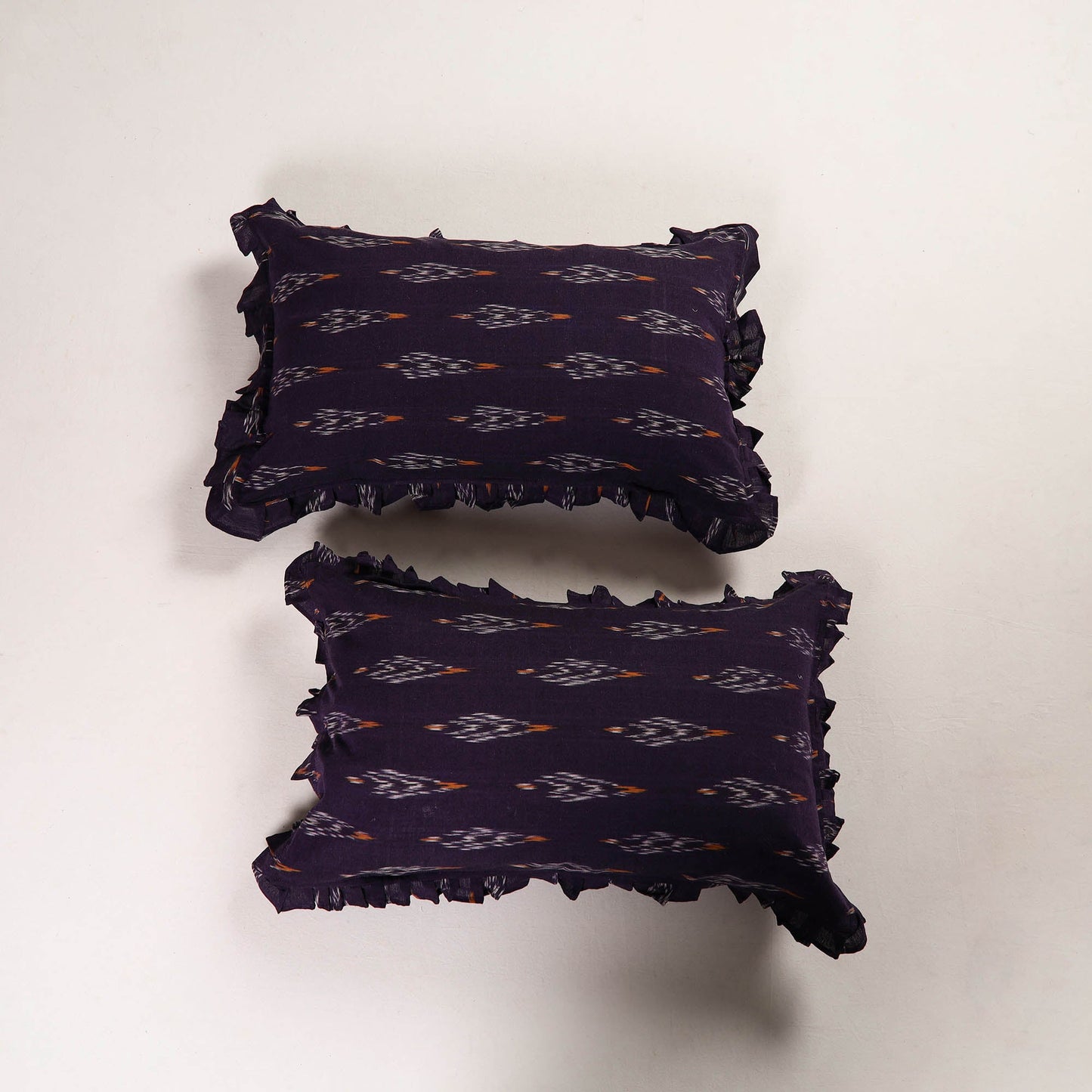 Dark Purple Set of 2 Pochampally Ikat Cotton Frill Pillow Covers