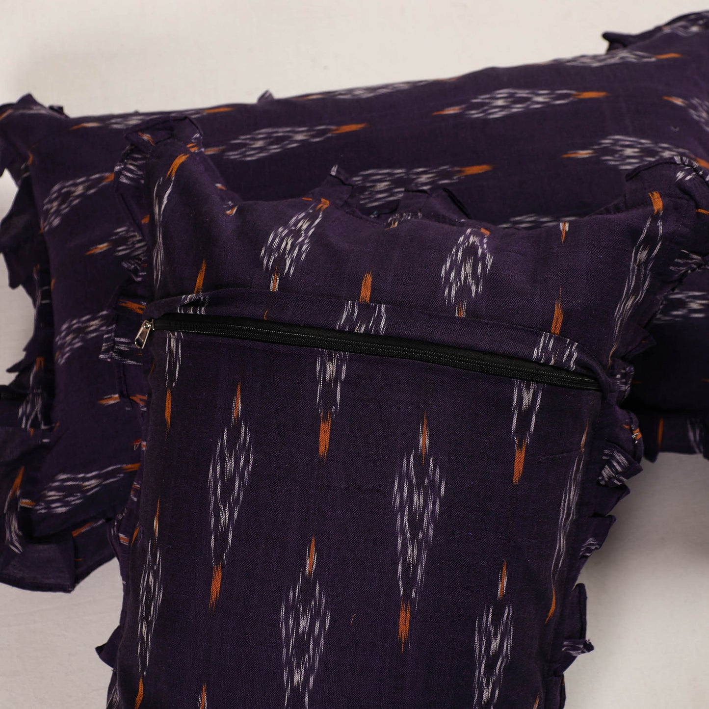Dark Purple Set of 2 Pochampally Ikat Cotton Frill Pillow Covers