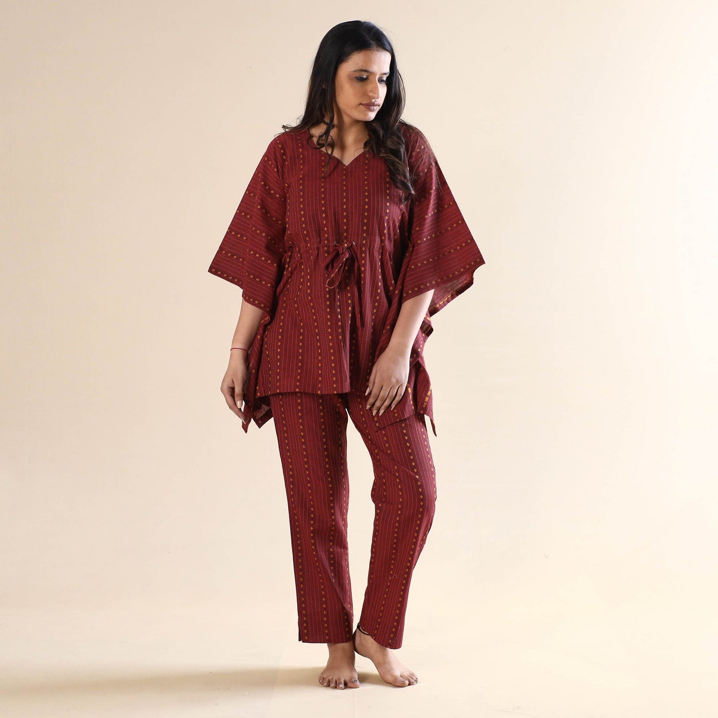 Dark red jacquard cotton kaftan & pyjama night suit set