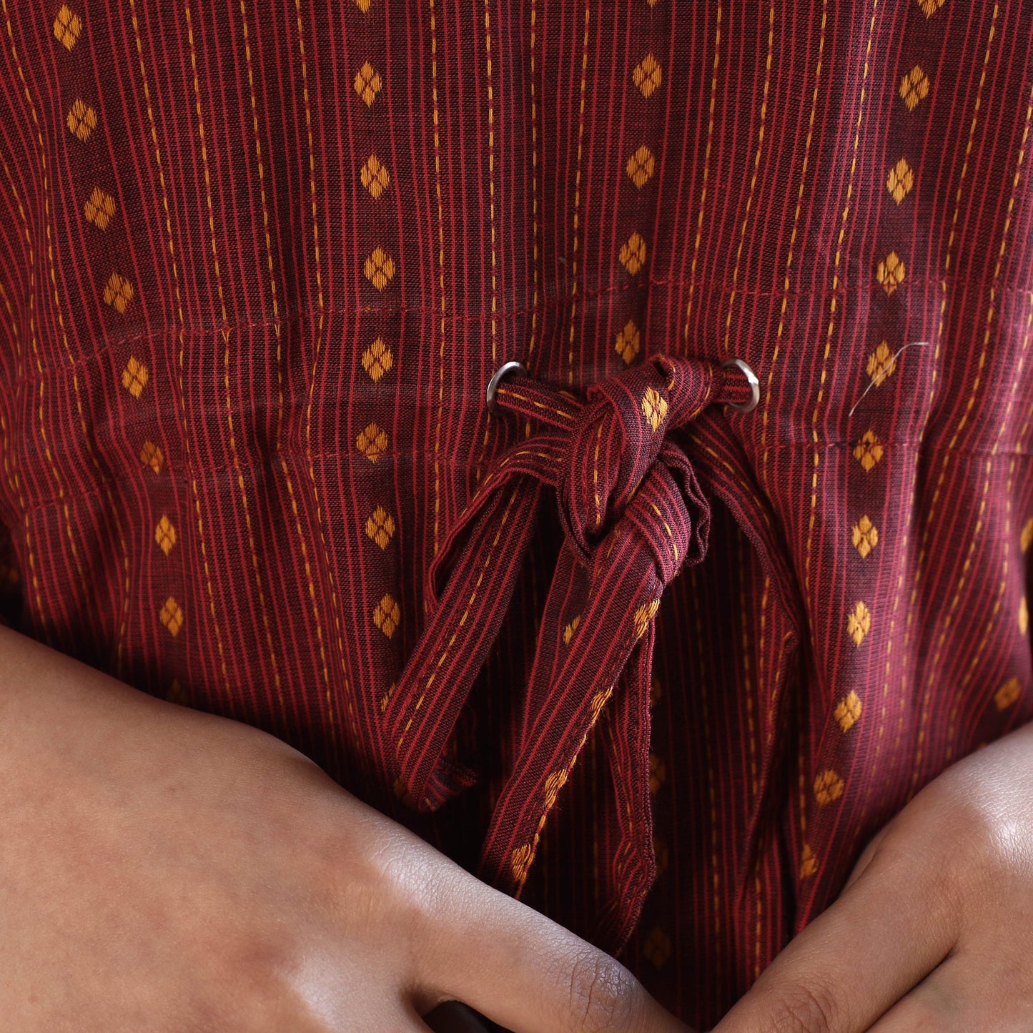Dark red jacquard cotton kaftan & pyjama night suit set