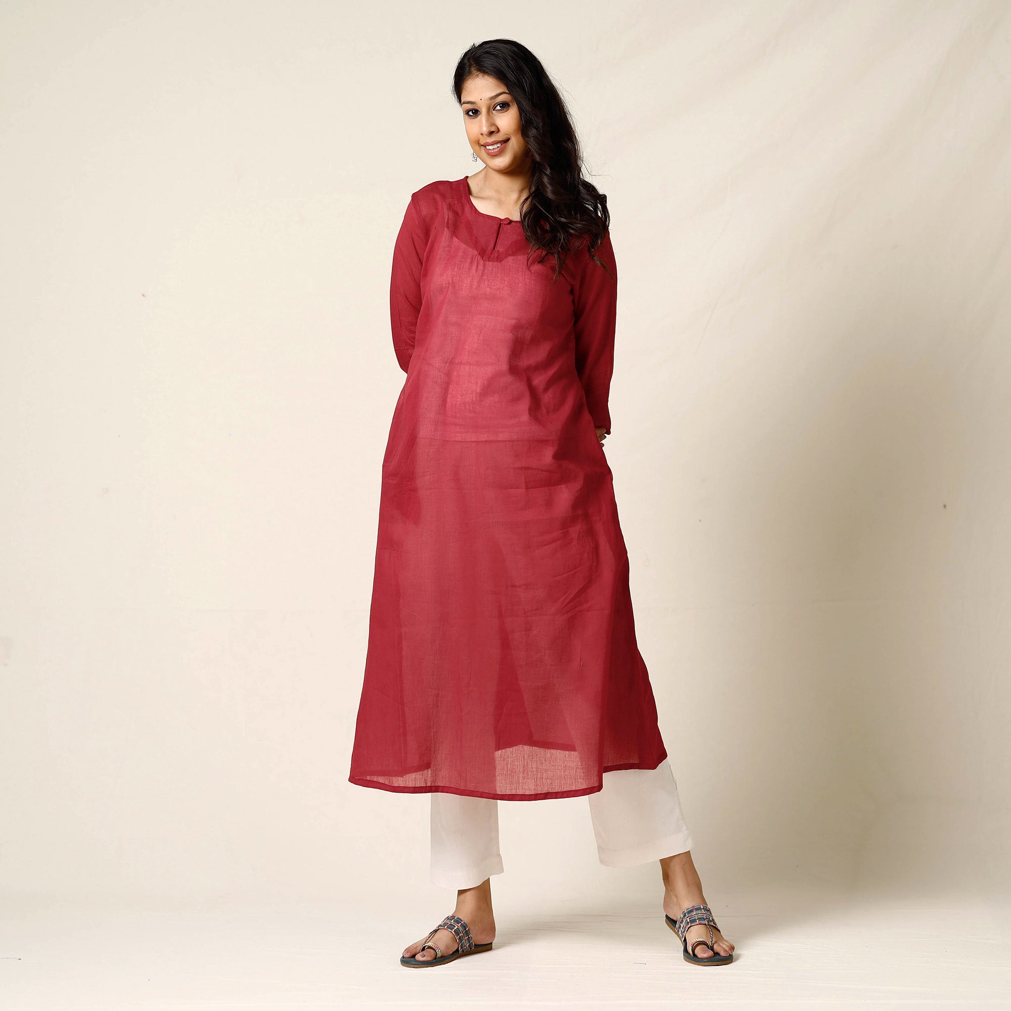 Dark Red - Mulmalai Cotton Plain Dyed A-Line Long Kurta for women 30