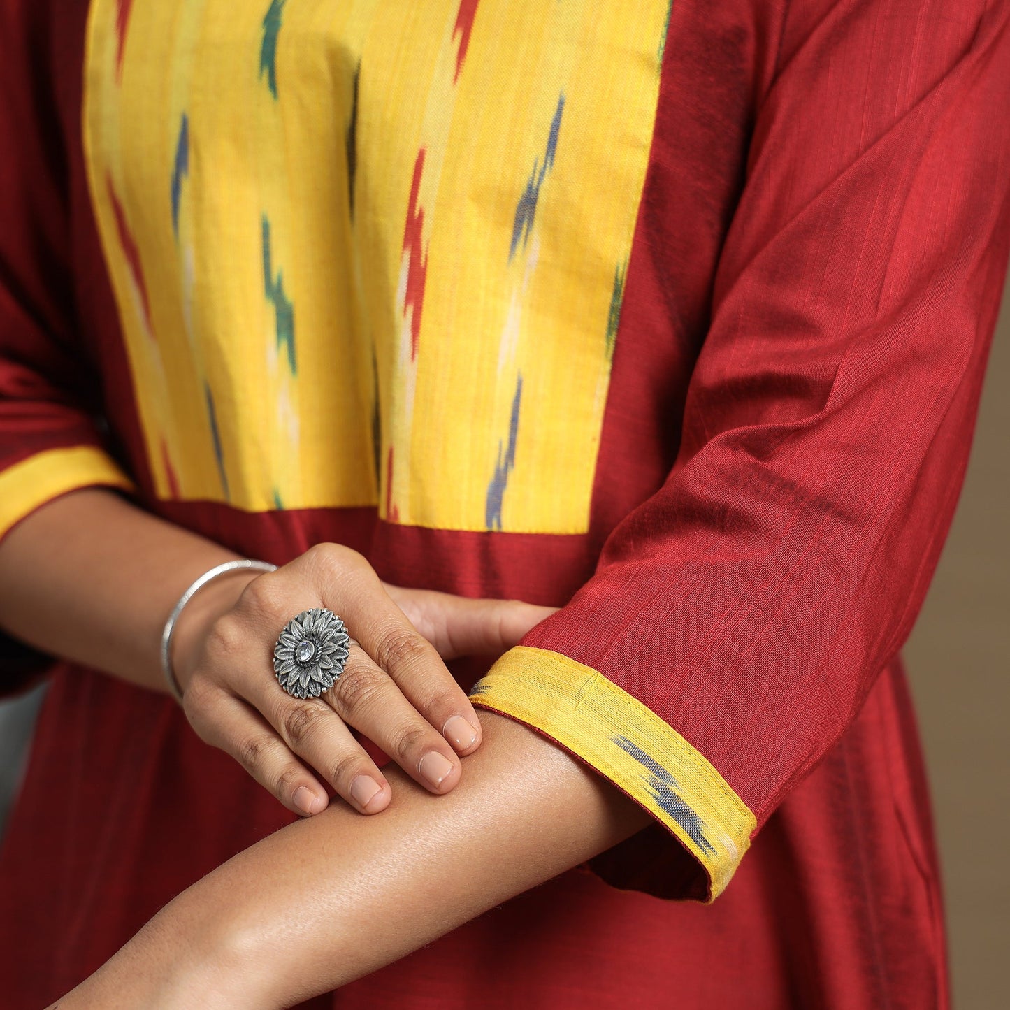 Buy Plain Slub Silk Kurta with Ikat Patchwork Online at iTokri.com