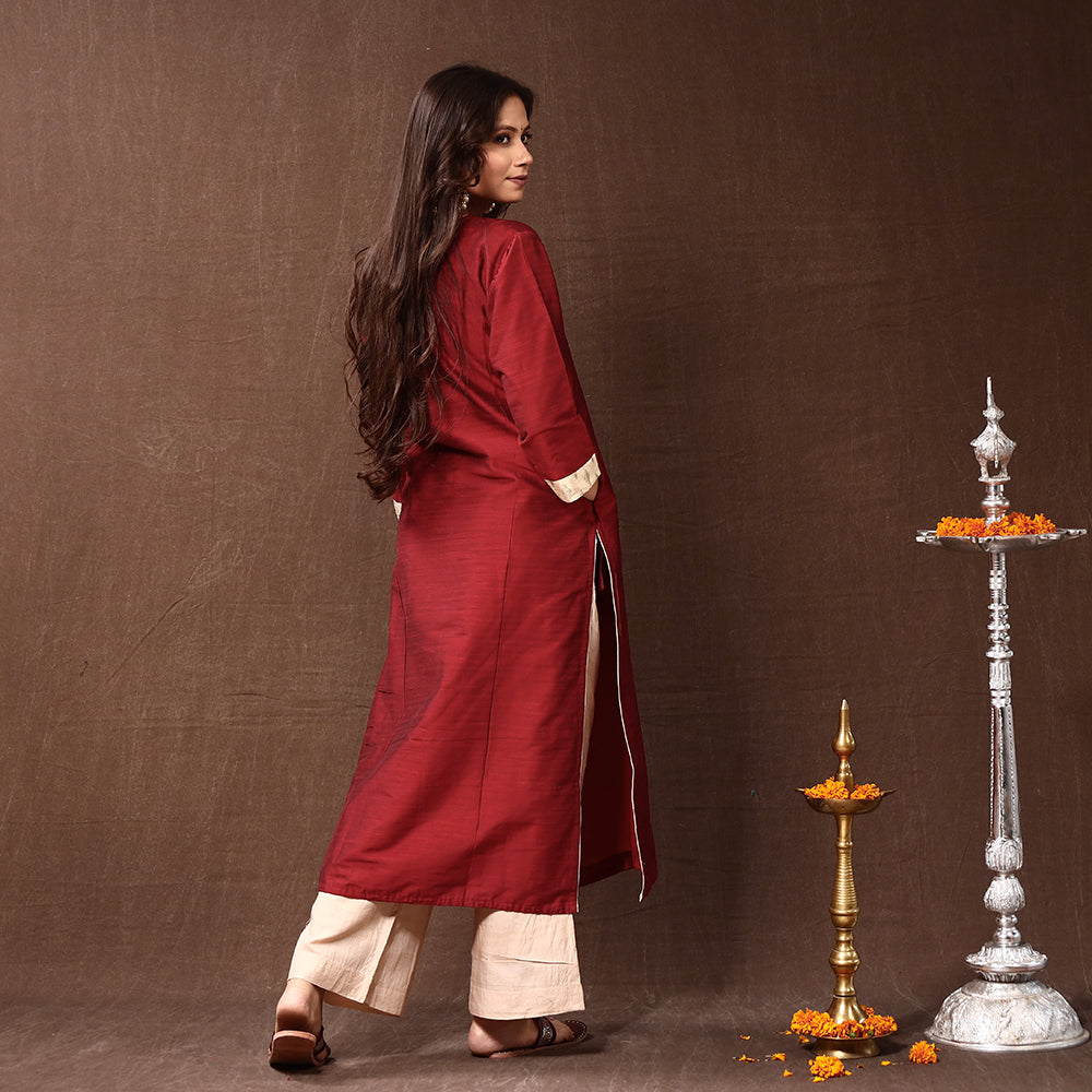 Dark Red Silk Plain Long Kurta for Women