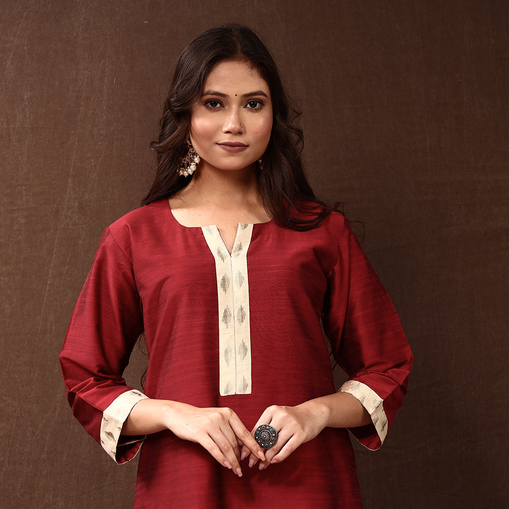 Dark Red Silk Plain Long Kurta for Women