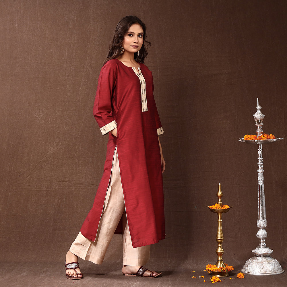 Dark Red Silk Plain Long Kurta for Women