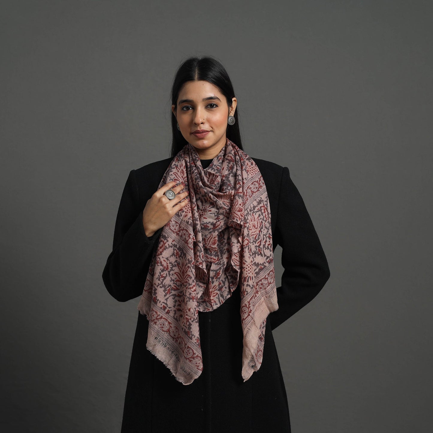 Grey Block Print Pedana Kalamkari Wool Stole
