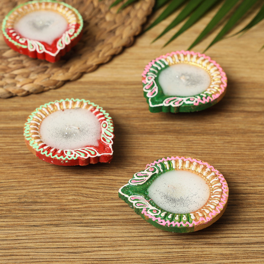 Decorative Handpainted Terracotta Diya with Wax (Set of 4) Online in India l iTokri.com