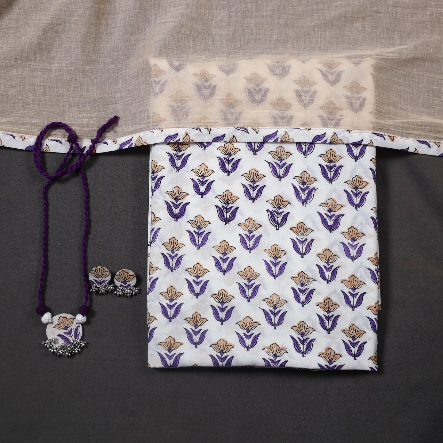 Designer! Block Print Cotton Dress Material with Jewellery Set