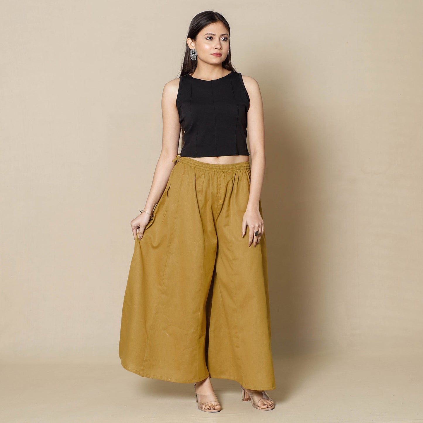 Dijon yellow plain dyed cotton flared palazzo - handcrafted