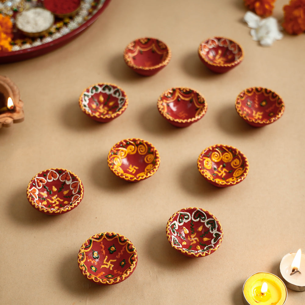 Diwali Decor Handpainted Clay Diyas (Set of 10)