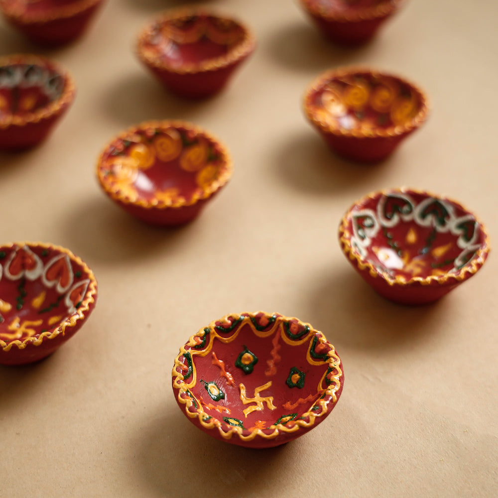 Diwali Decor Handpainted Clay Diyas (Set of 10)