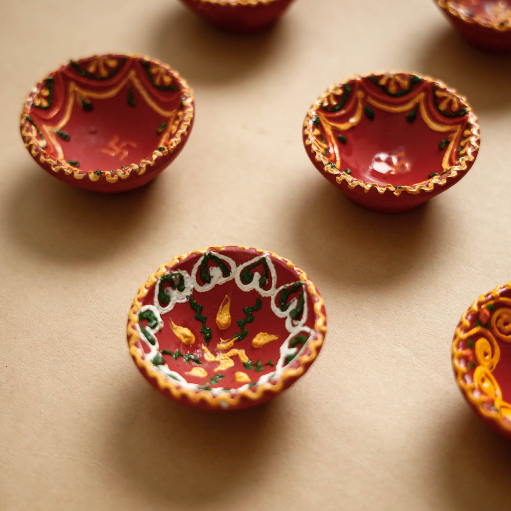 Diwali Decor Handpainted Clay Diyas (Set of 10)