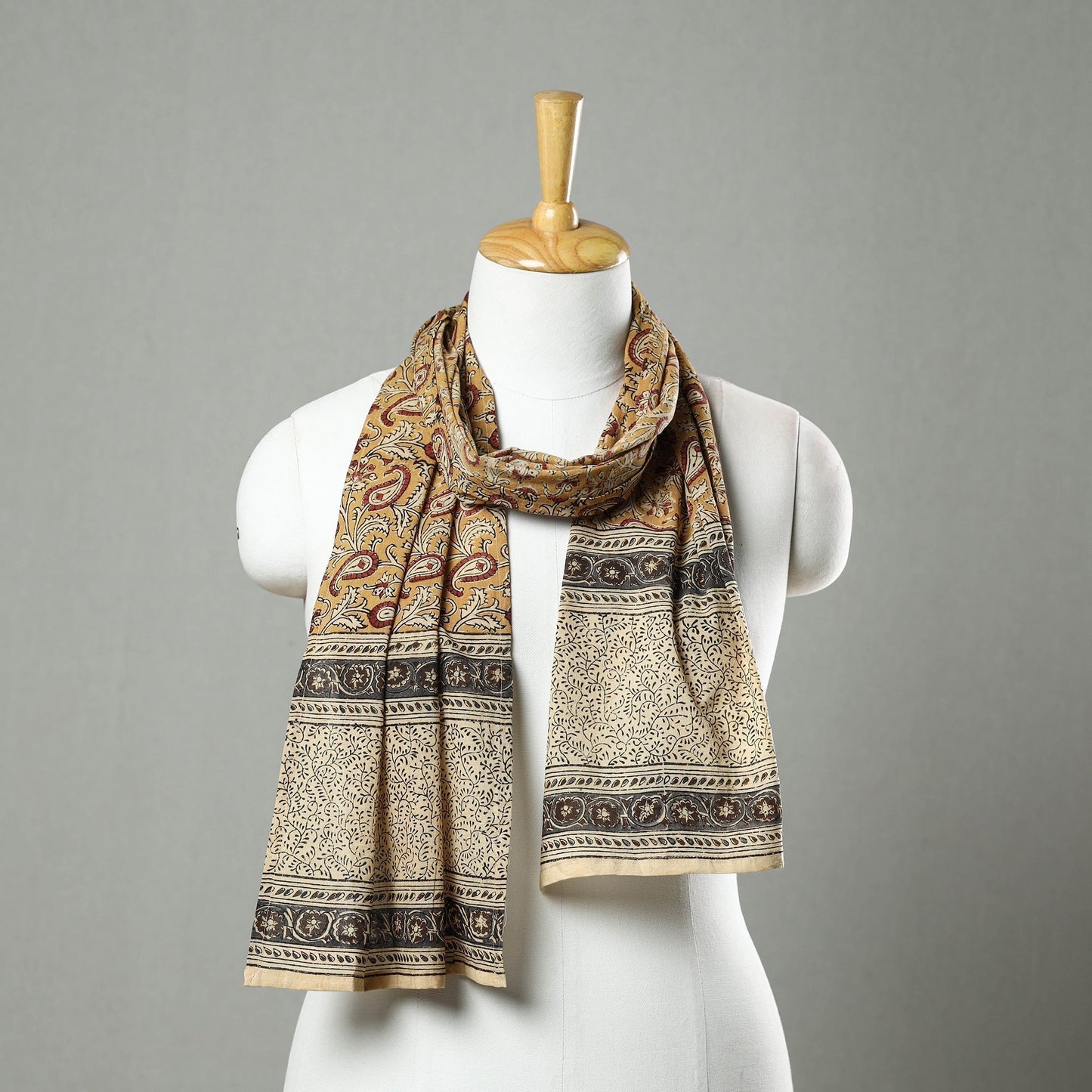 Yellow Pedana Block Print Natural Dyed Cotton Kalamkari Stole