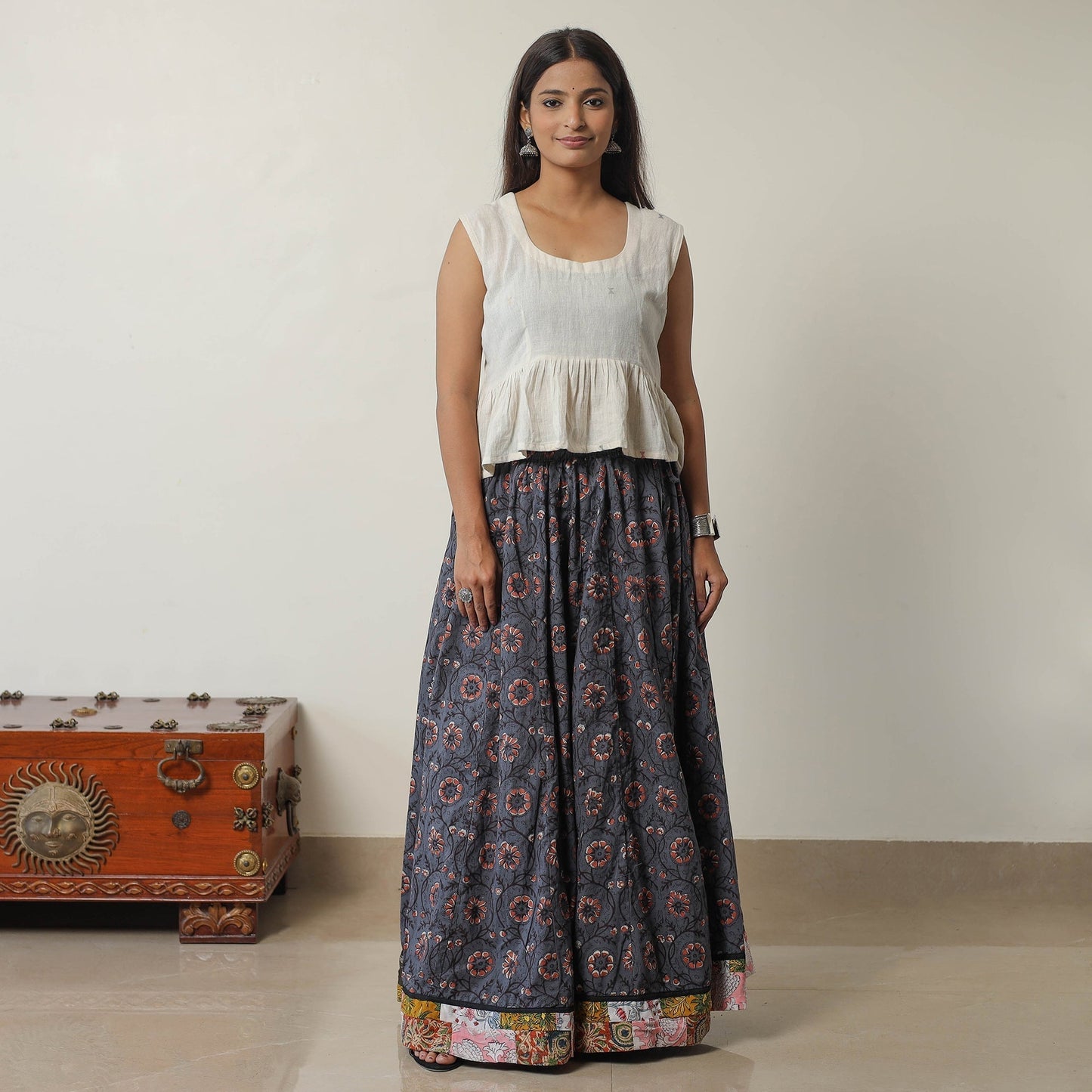 Bagru Block Printed 24 Kali Patchwork Cotton Long Skirt 17