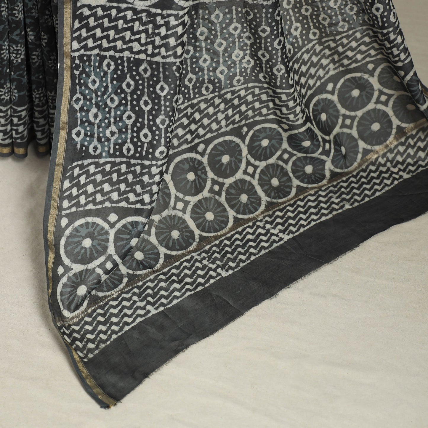 Block Print Chanderi Silk Bagru Saree with Zari Border