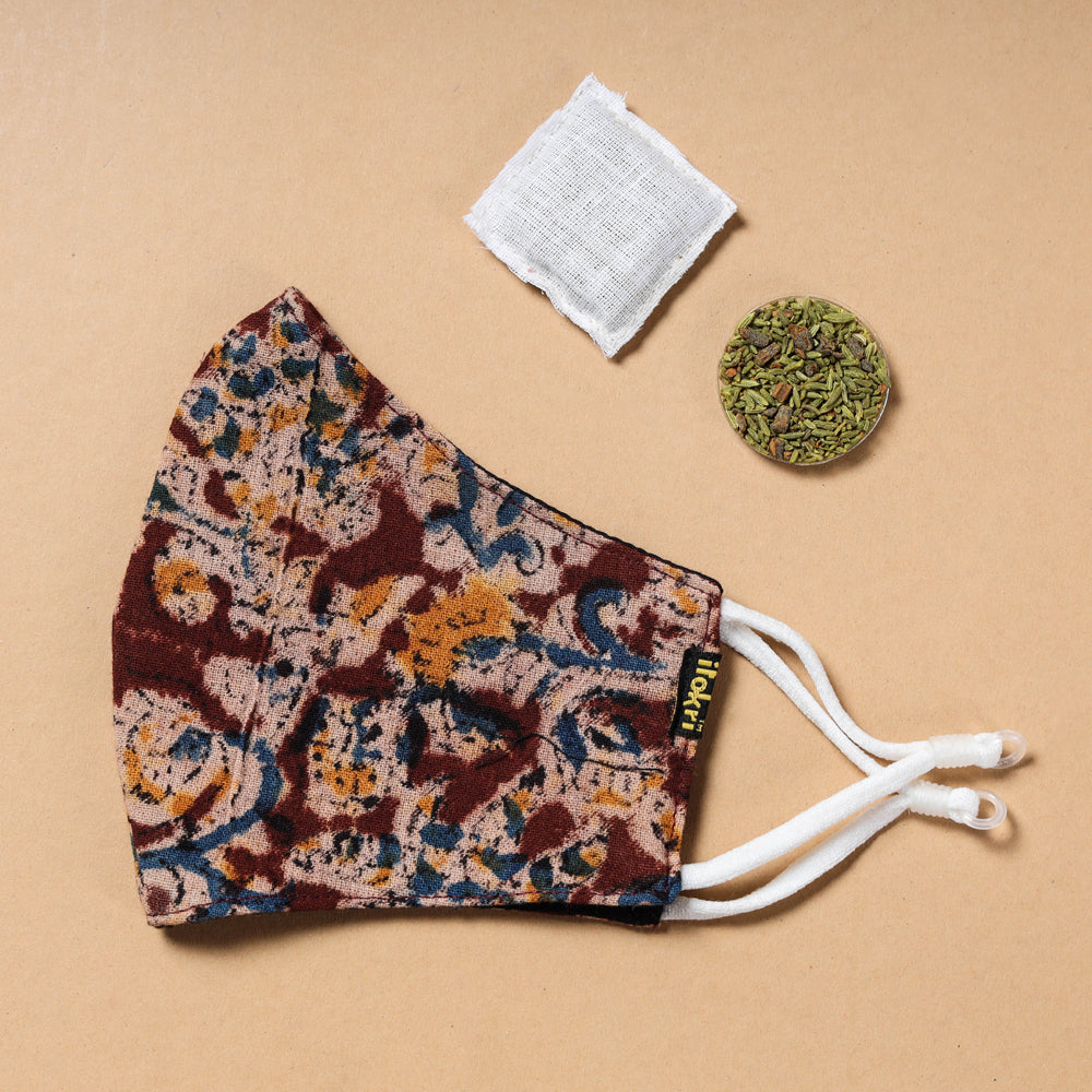 kalamkari Block Printed Cotton 3 Layer Snug Fit Face Cover with Herb Pocket