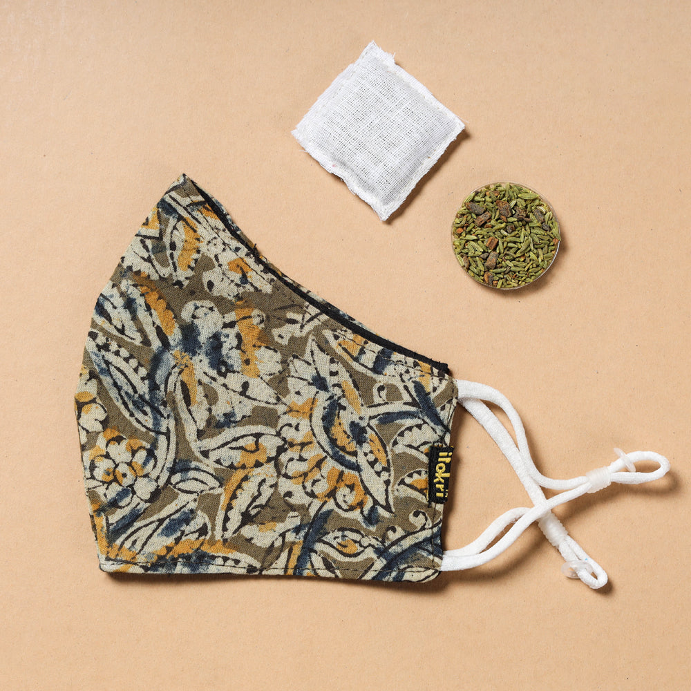 kalamkari Block Printed Cotton 3 Layer Snug Fit Face Cover with Herb Pocket
