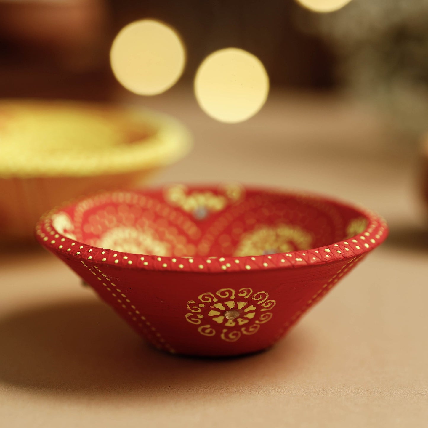 Festive Decor Handpainted Beadwork Clay Diyas (Set of 2)