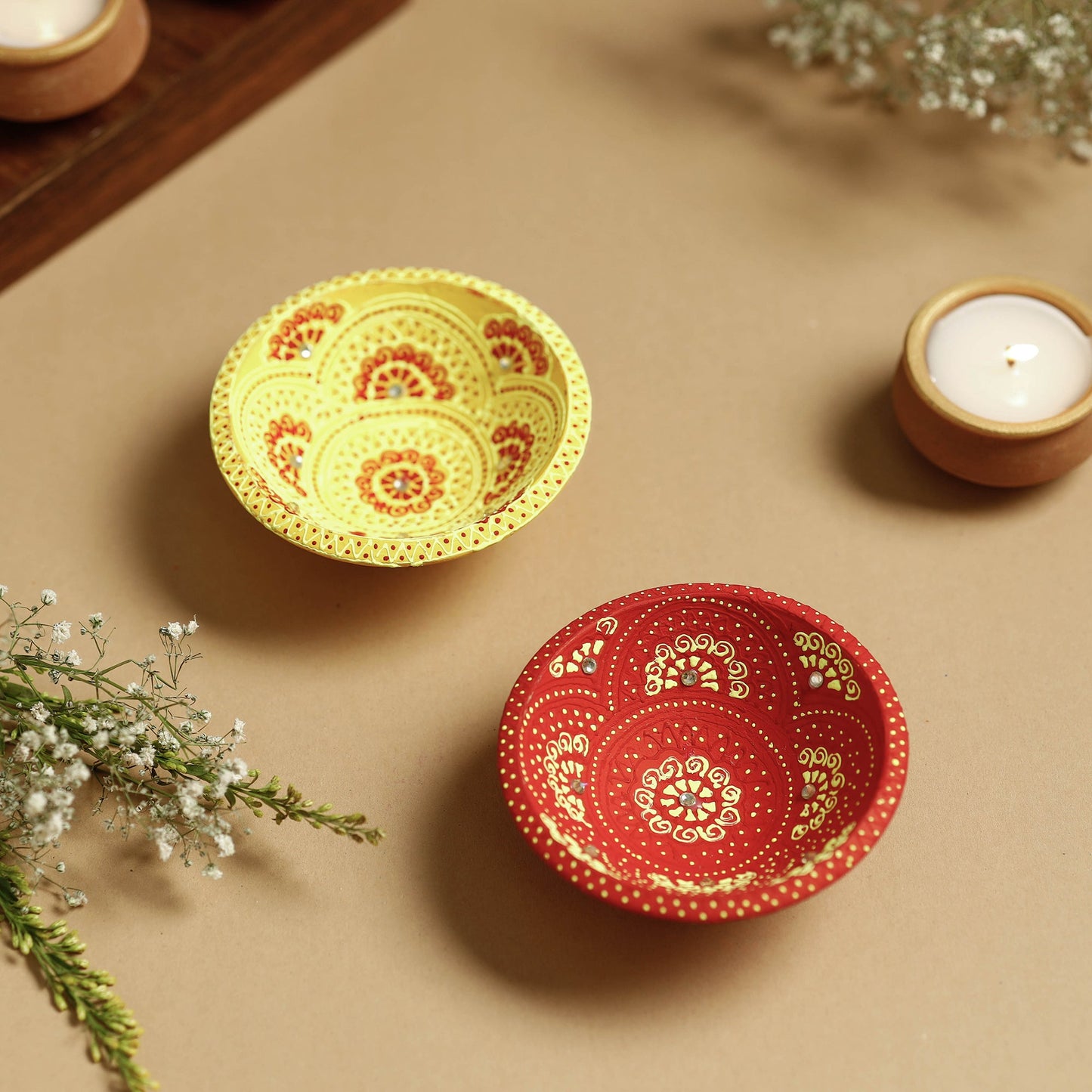 Festive Decor Handpainted Beadwork Clay Diyas (Set of 2)