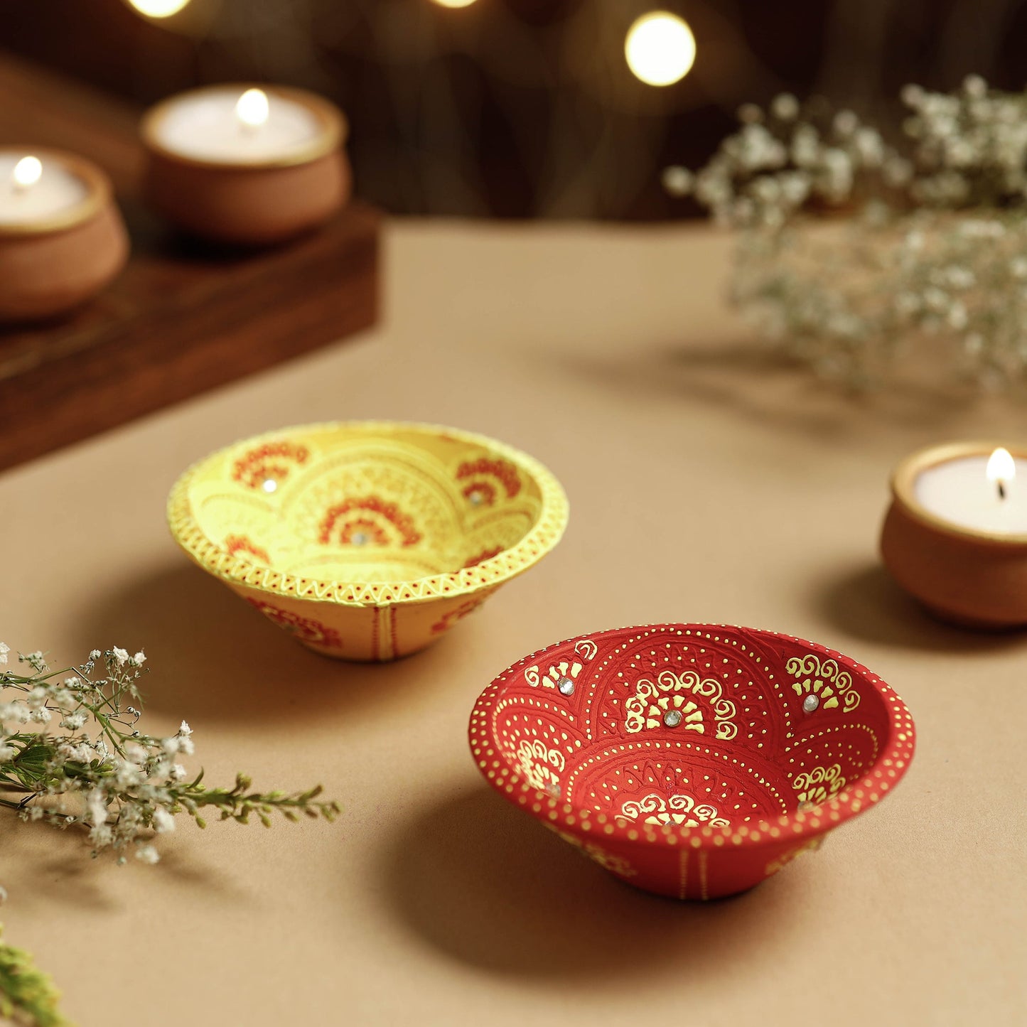 Festive Decor Handpainted Beadwork Clay Diyas (Set of 2)