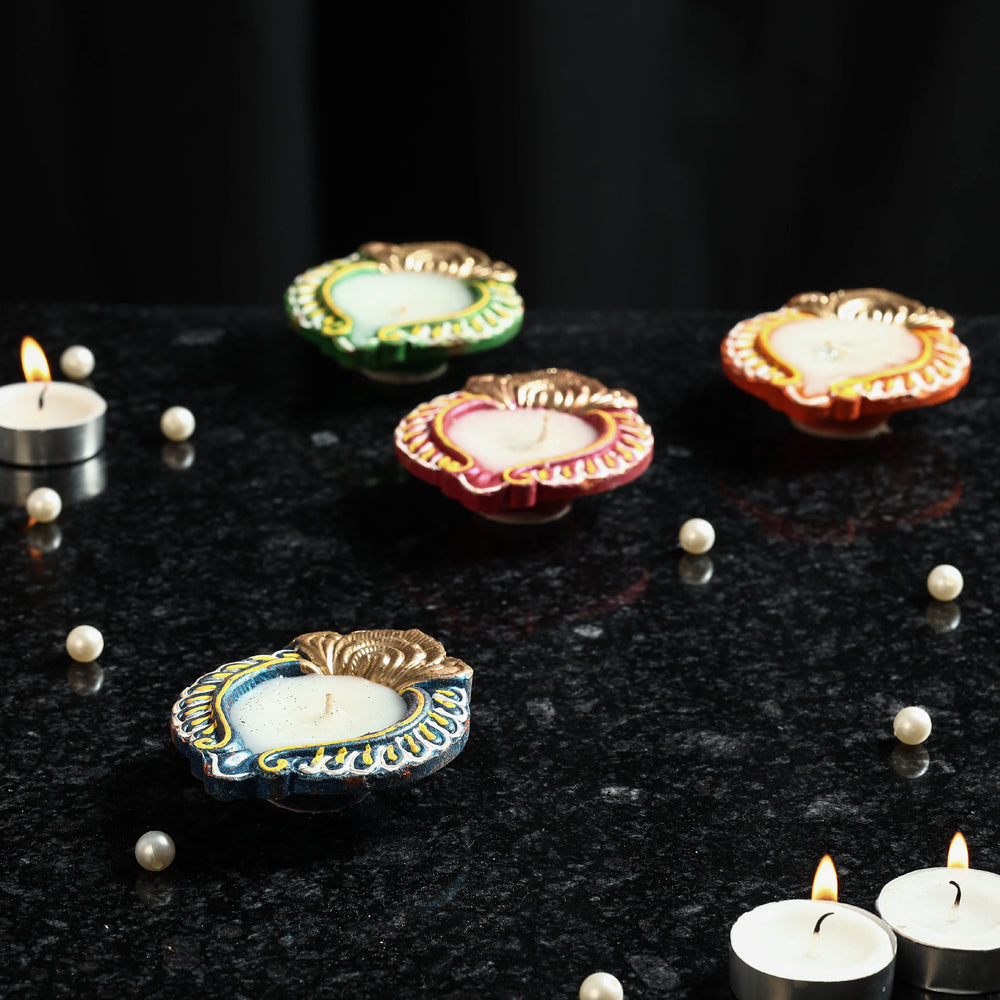 Festive Decor Handpainted Terracotta Wax Filled Diyas (Set of 4) Online at iTokri.com