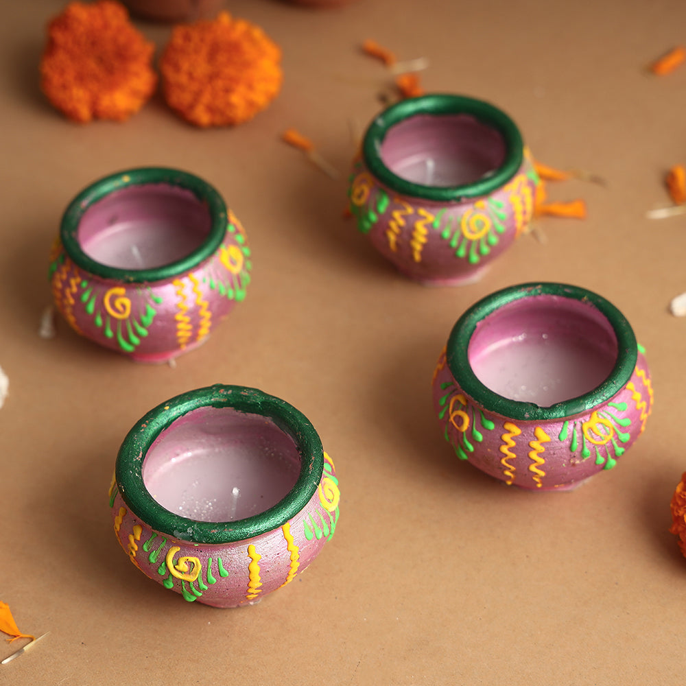 Festive Decor Handpainted Terracotta Wax Filled Matki Diyas (Set of 4) Online in India l iTokri.com