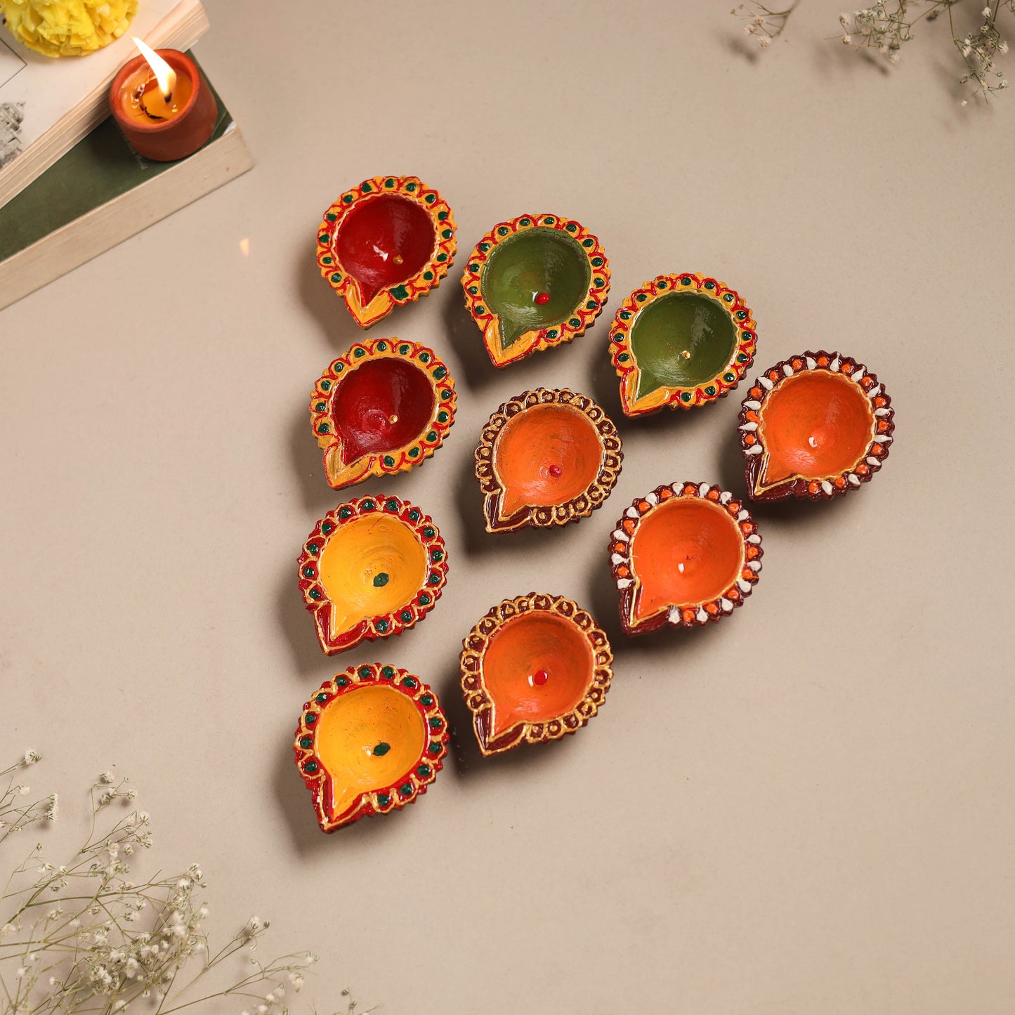 Festive handpainted clay diya (set of 10) 20 - handcrafted
