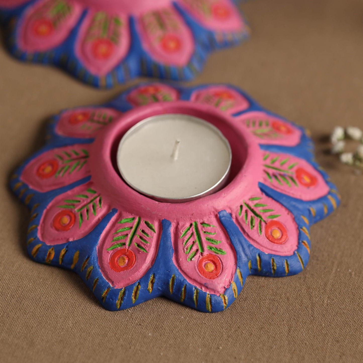 Flower - Handpainted Clay Candle Holders (Set of 2) Online in India l iTokri.com