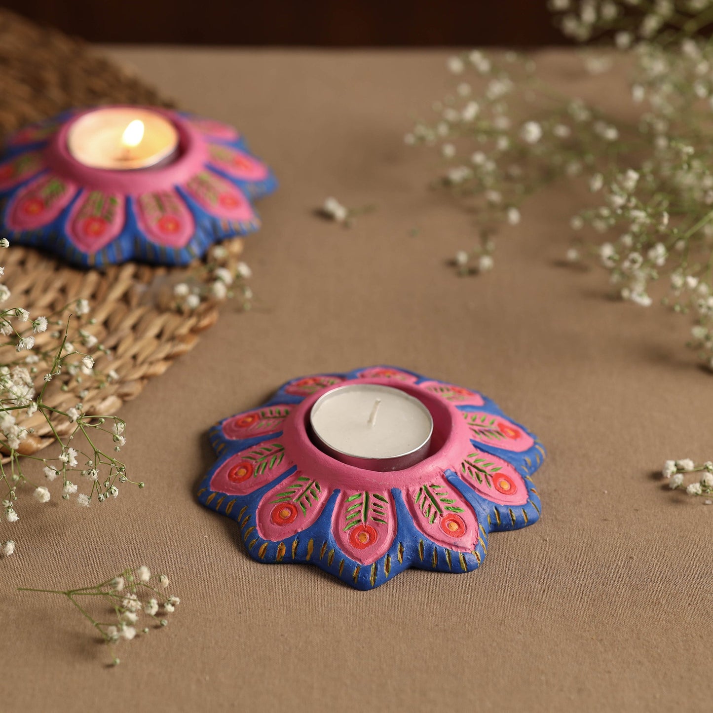 Flower - Handpainted Clay Candle Holders (Set of 2) Online in India l iTokri.com