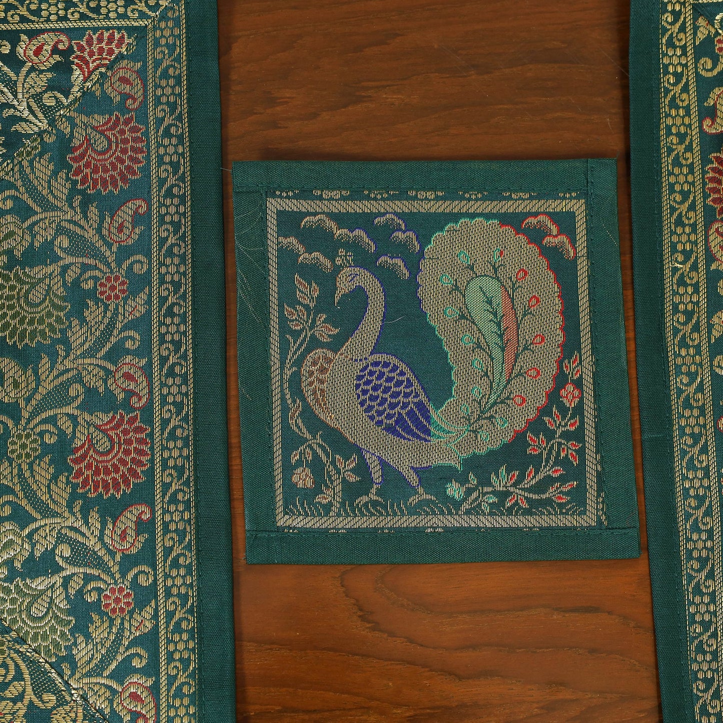 Green - 13pc dining table linen set in brocade banarasi