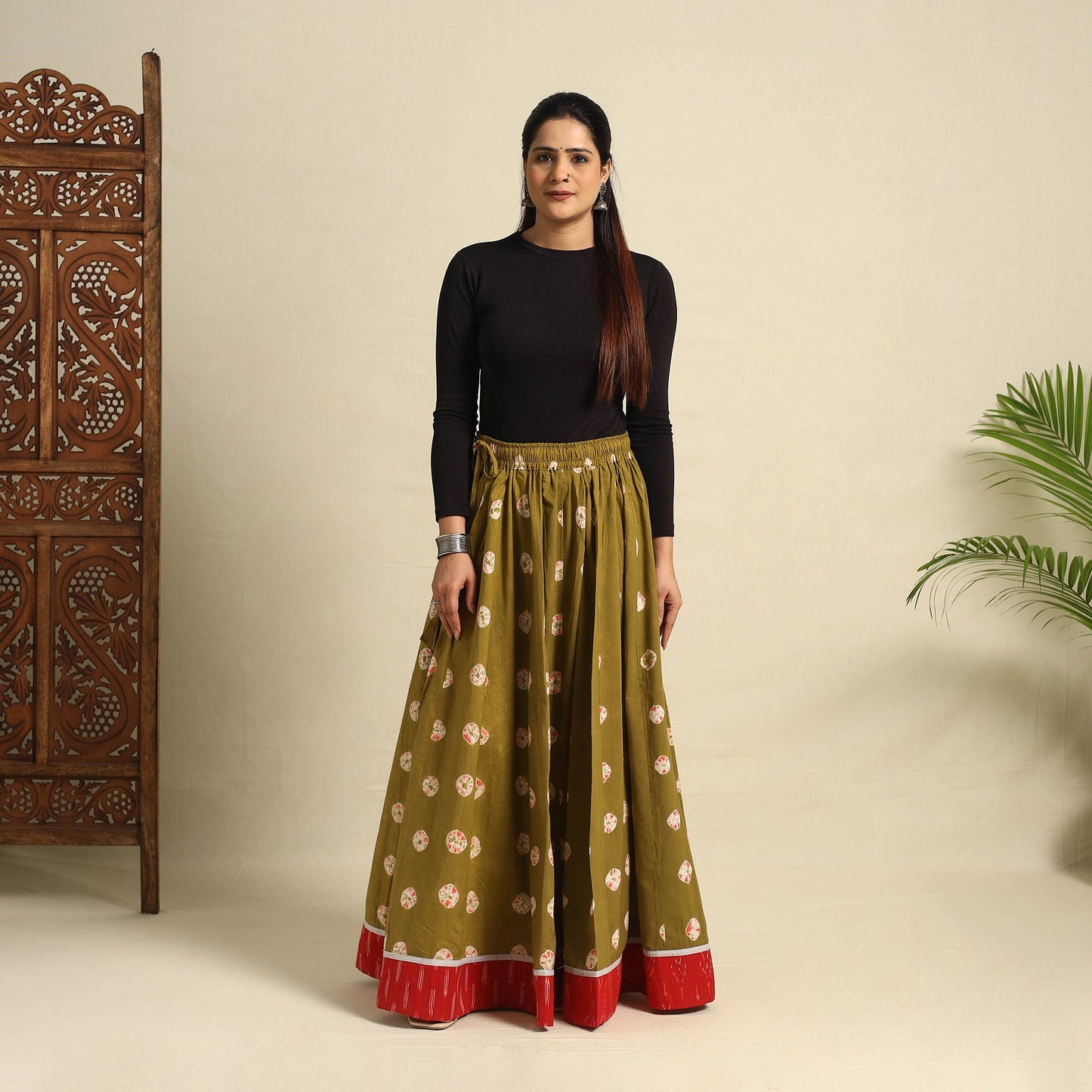 24 Kali Green Patchwork Cotton Long Shibori Tie-Dye Skirt