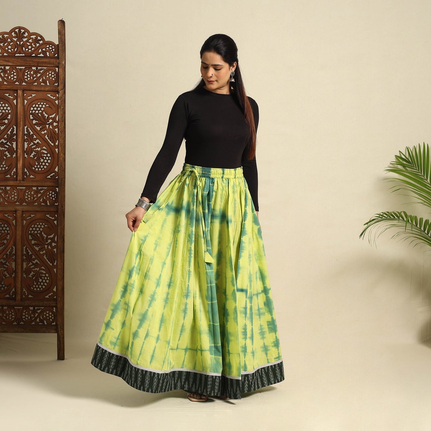 Buy 24 Kali Green Patchwork Cotton Long Shibori Tie-Dye Skirt