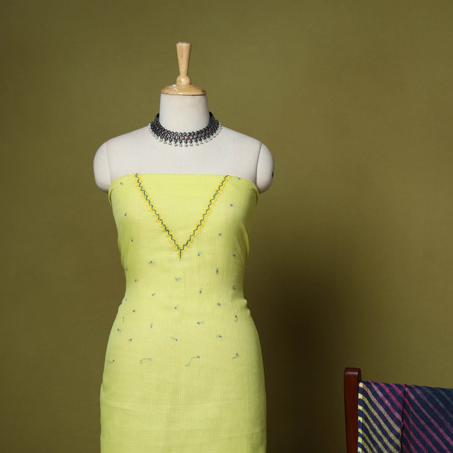 Green - 2pc cotton unstitched hand embroidery kota doria