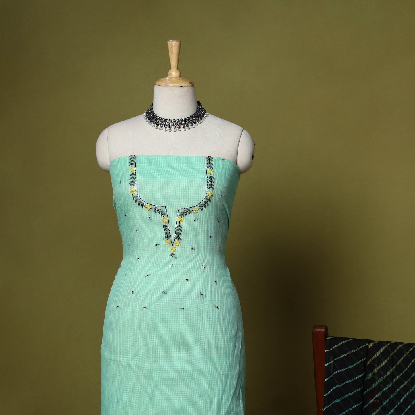 Green - 2pc cotton unstitched hand embroidery kota doria