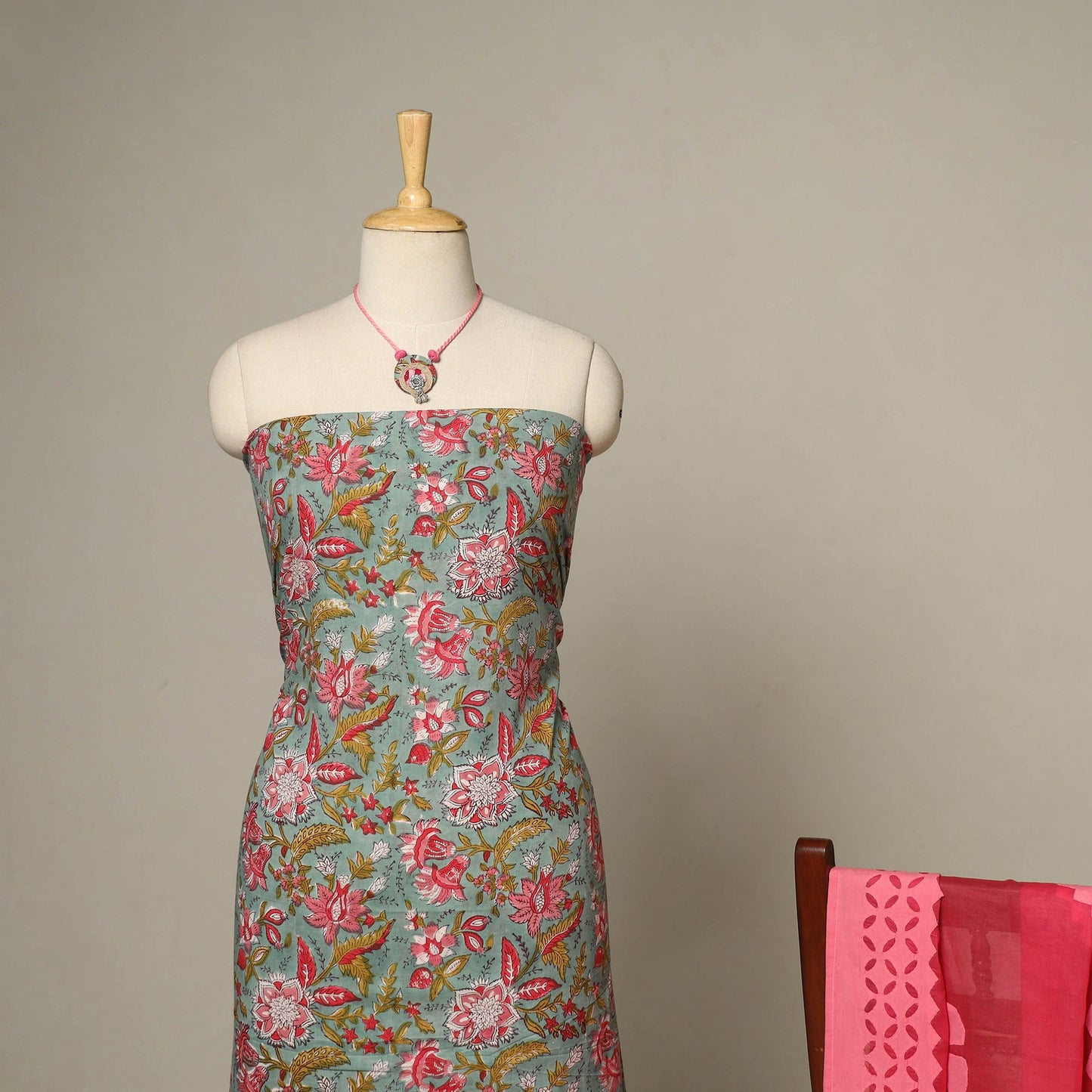 Green - 2pc cotton unstitched sanganeri dress material