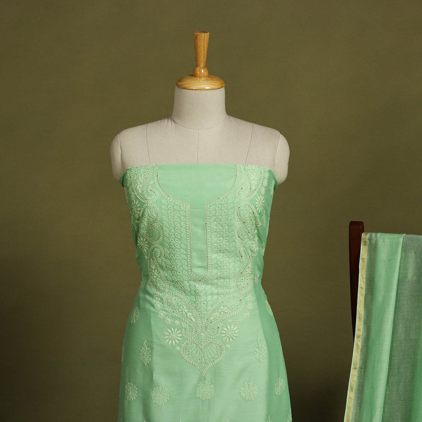 2pc Green Hand Embroidery Chanderi Silk Chikankari Dress Material