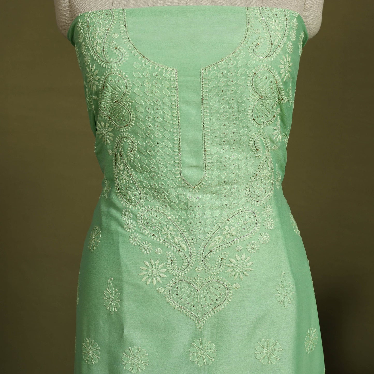 2pc Green Hand Embroidery Chanderi Silk Chikankari Dress Material
