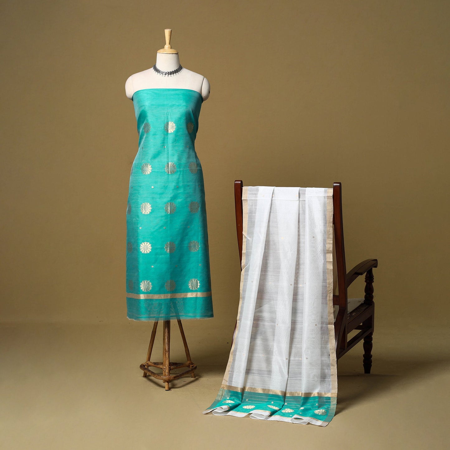 Green - 2pc handloom zari buti unstitched chanderi silk