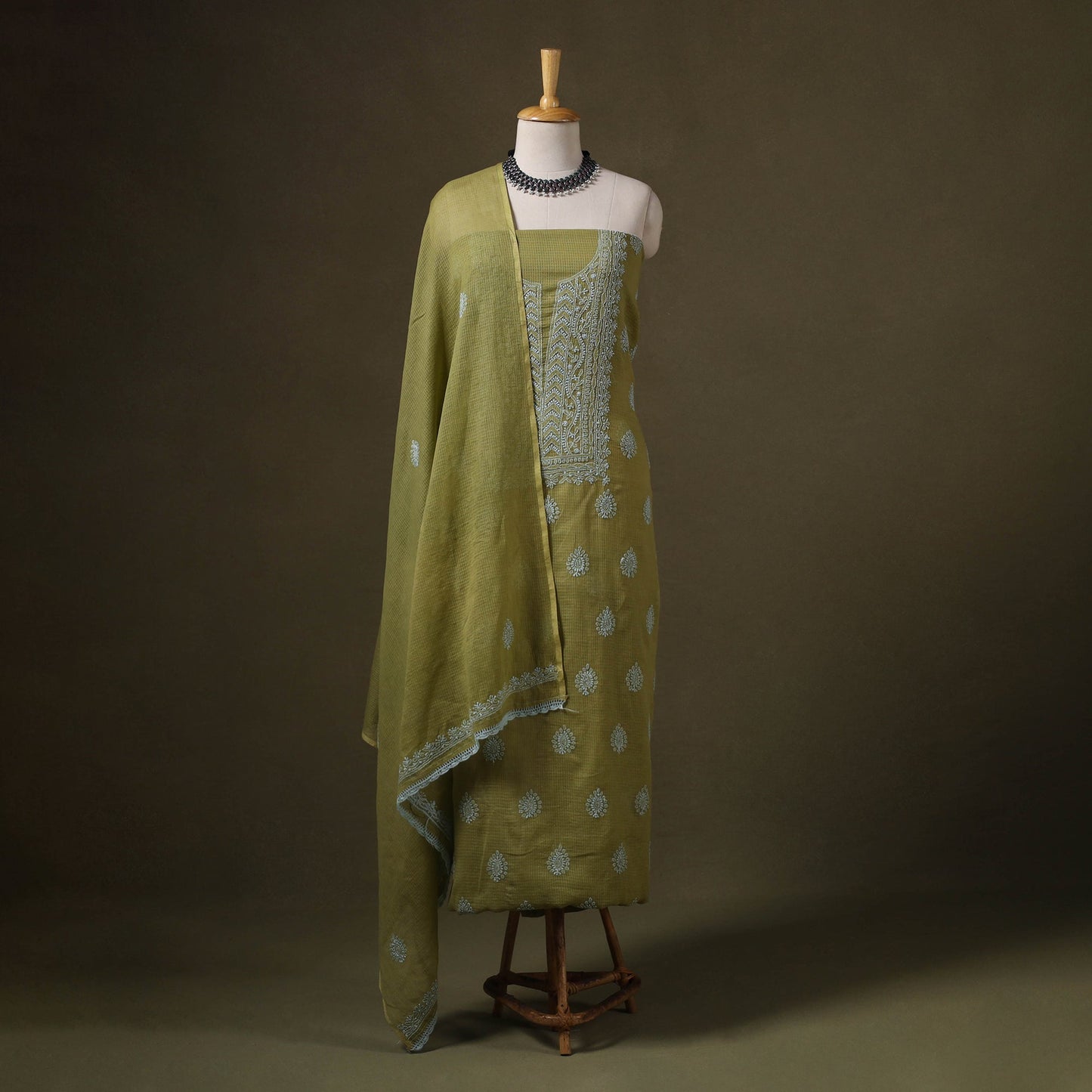 Green 2pc Kota Doria Cotton Lucknow Chikankari Dress Material