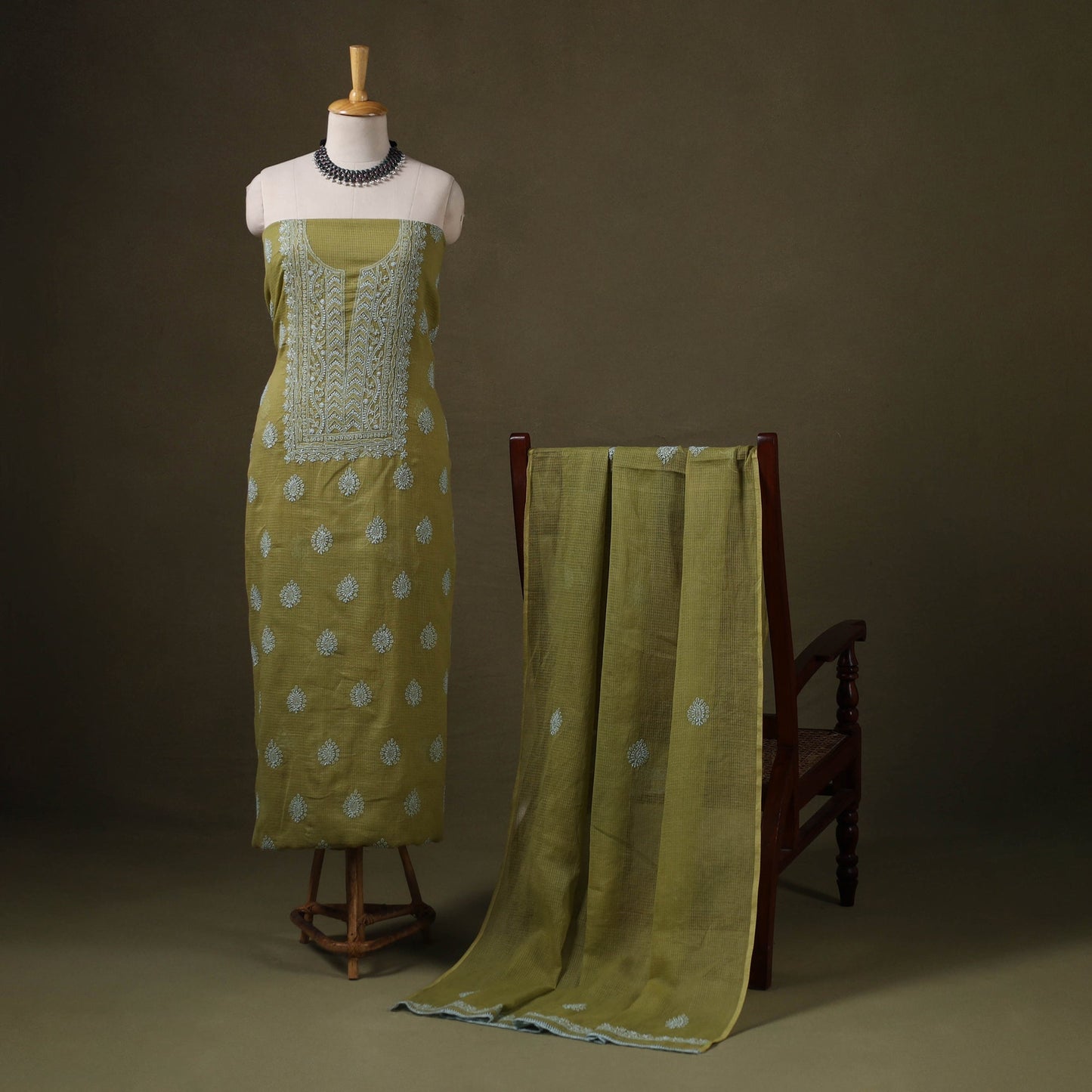 Green 2pc Kota Doria Cotton Lucknow Chikankari Dress Material