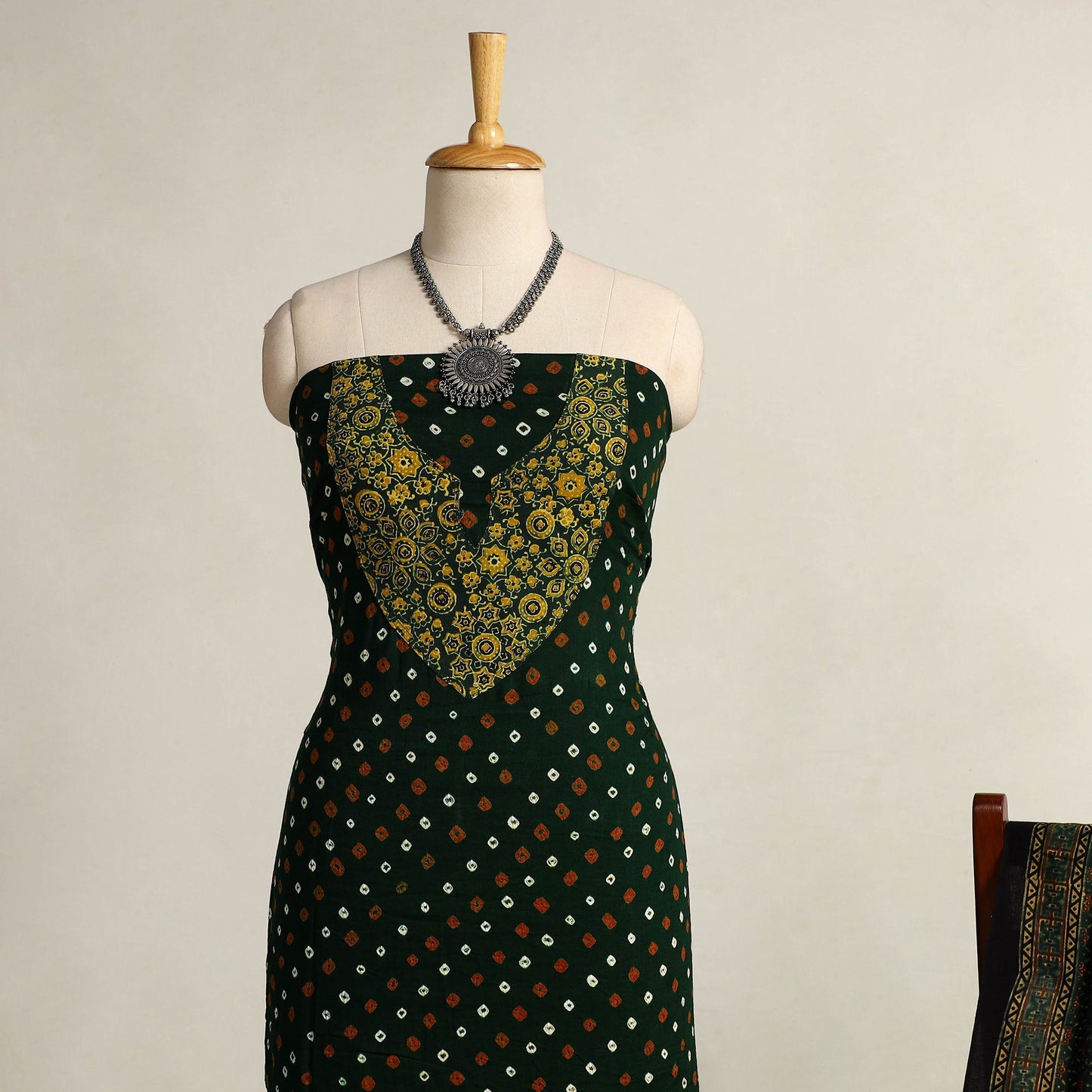 Green 2pc Tie-Dye Cotton Bandhani Kurta with Ajrakh Dupatta
